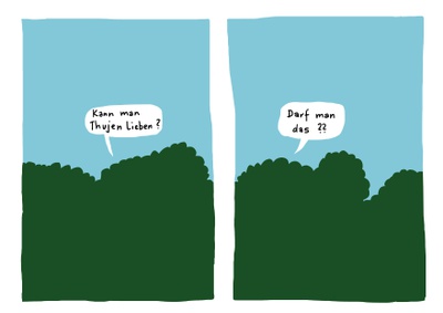 Edith Payer, Thujenfragen, 2021, digital erstellt – © Edith Payer, Bildrecht 2024 Edith Payer, Thujenfragen, 2021, digital erstellt